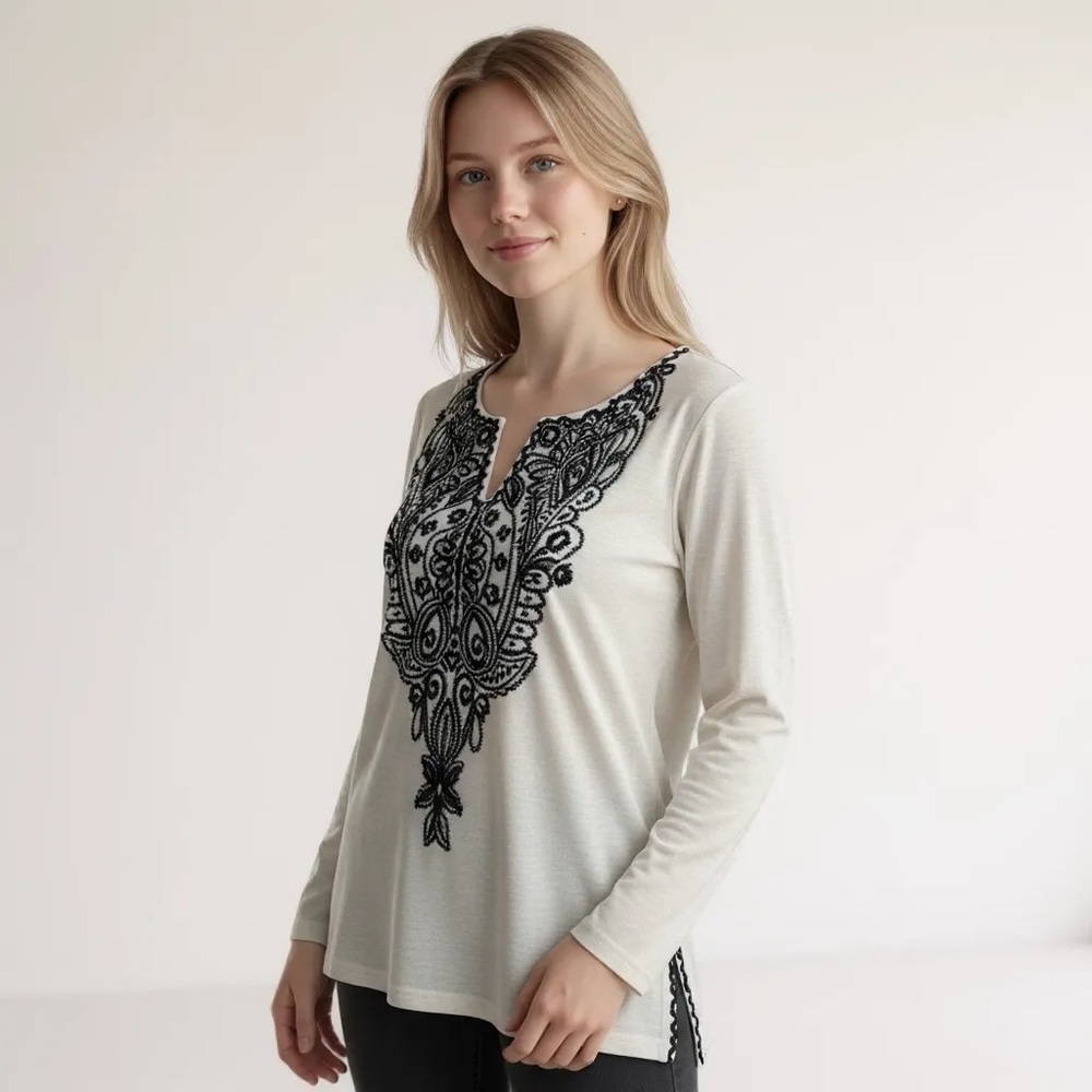 CALYPSO S Ivory Linen Blouse Blue Floral Embroidery R $295